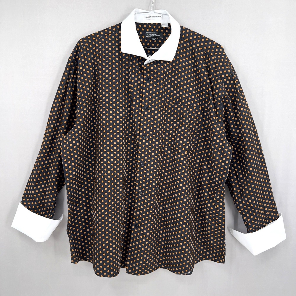 Avanti Uomo Dress Shirt Black Gold Polka Dot Contrast Collar Cuffs 18.5 34/35‎